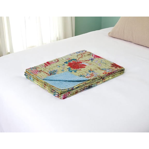 50" X 70" Green And Red Floral Cotton Quilted Kantha Throw Blanket with Embroidery