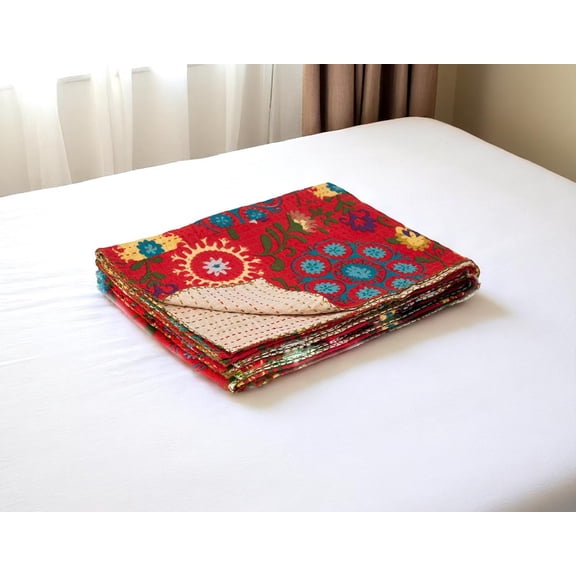 50" X 70" Red Floral Cotton Quilted Kantha Throw Blanket with Embroidery