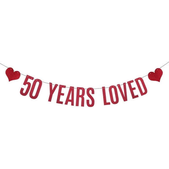 50 YEARS LOVED Banner,Pre-Strung, 50TH 50 Years Old Birthday/Wedding Anniversary Party Garlands Bunting Sign Photo Props Backgrounds Decorations Supplies,Letters Red