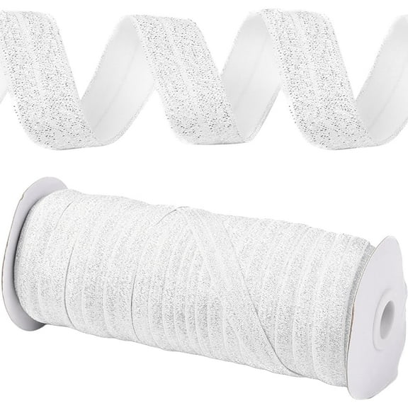 50 Yard 50 Yards 15mm White Silver Stretch Elastic Ribbon Fold Over Stretch Foldover Soft Glitter FOE Elastics Ribbon Wired for Sewing Making Gift Wrapping DIY Christmas Tree Decor Craft Supplies