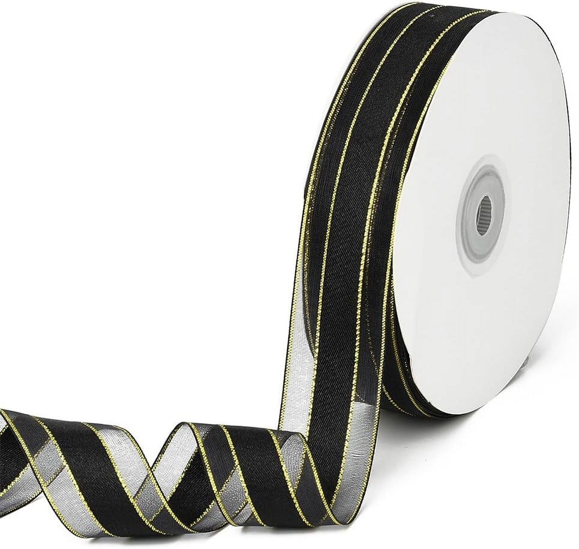 50 Yards 1 Inch Black Organza Ribbon Gold Edge Ribbon Sheer Transparent ...