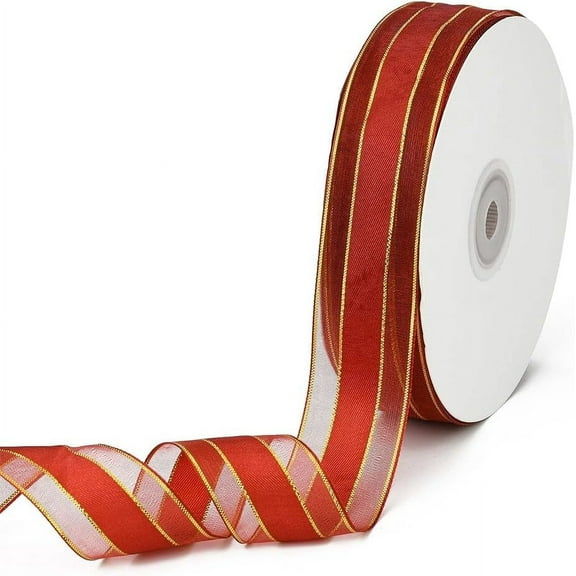 50 Yards 1 Inch Burgundy Organza Ribbon Gold Edge Nylon Ribbon Sheer Transparent Clear Soft Smooth Mesh Voile Ribbons Rolls with Spool