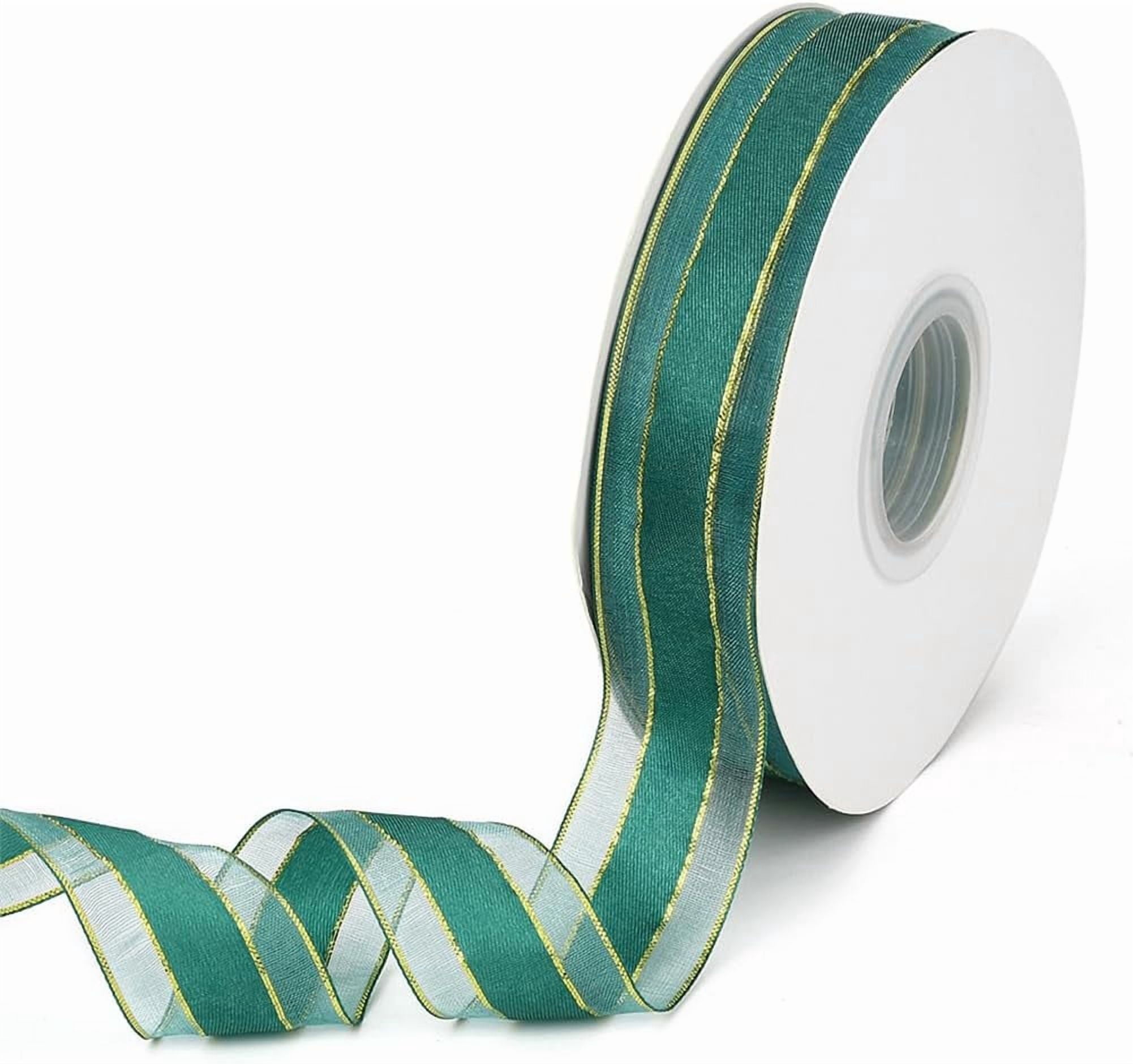50 Yards 1 Inch Dark Green Organza Ribbon Gold Edge Ribbon Sheer ...
