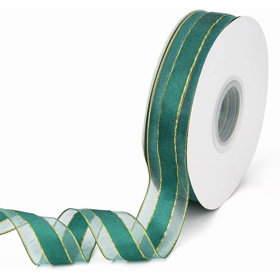50 Yards 1 Inch Dark Green Organza Ribbon Gold Edge Ribbon Sheer Transparent Forest Green Soft Mesh Voile Nylon Fabric Spool Ribbons for Gift Wrapping Christmas Hair Braiding Wedding DIY Green