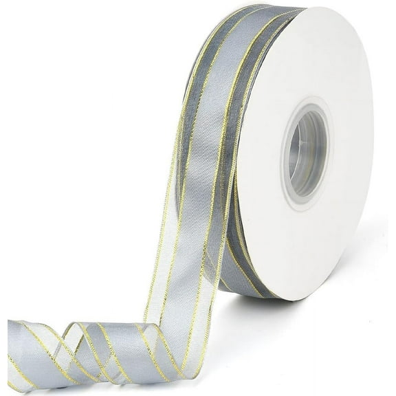 50 Yards 1 Inch Grey Gold Ribbon Metallic Edge Ribbon Organza Sheer Christmas Transparent Chiffon Silk Wrapping Ribbon Trim Wired for Wrapping Gift Making Craft Dress Wreaths Decor Supplies