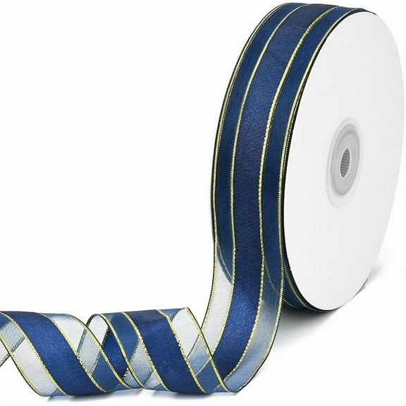 50 Yards 1 Inch Navy Blue Organza Ribbon Gold Edge Sheer Nylon Transparent Clear Soft Shimmer Spool Ornamental Ribbons Made of Textiles for Gift Wrapping Bouquets Hair Braiding Wedding DIY Blue