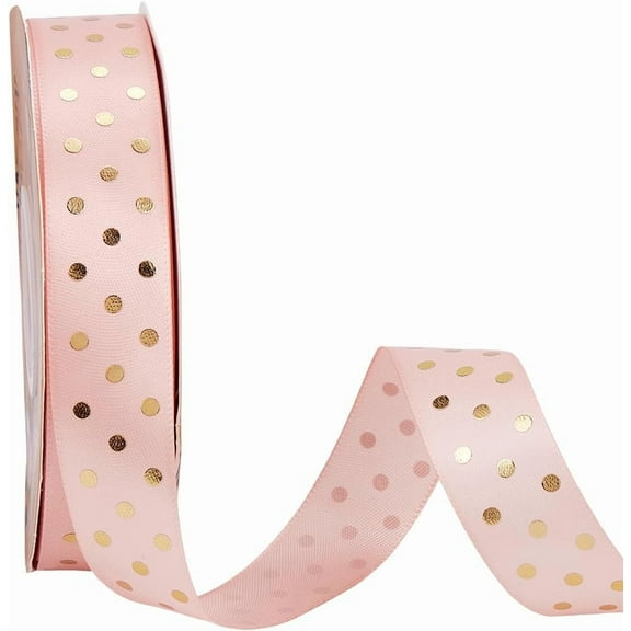 50 Yards 1 Inch Pink Polka Dot Printed Ribbon Single Face Gold Dots Print Polyester Satin Ribbons Bulk Roll with Spool for Sewing Making Crafts Gift Wrapping Wreaths Chritsmas Decor Supply