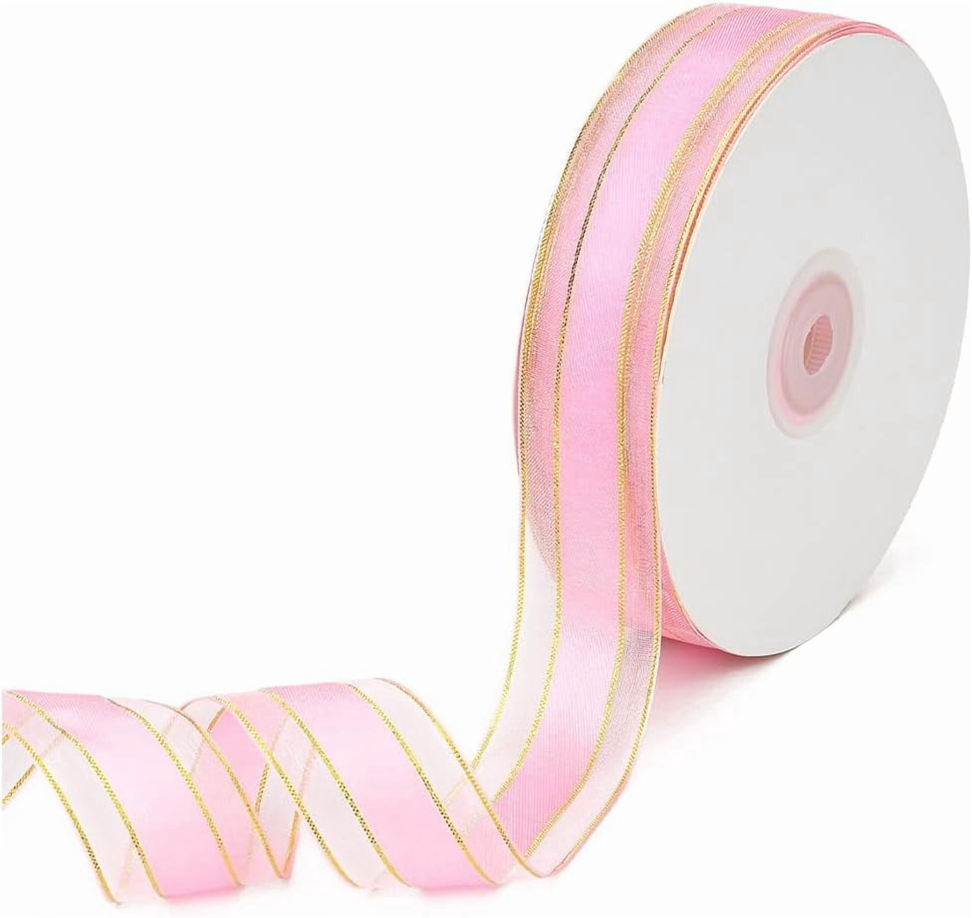 50 Yards 1 Inch Pink Ribbon with Gold Edge Organza Ribbon Metallic ...