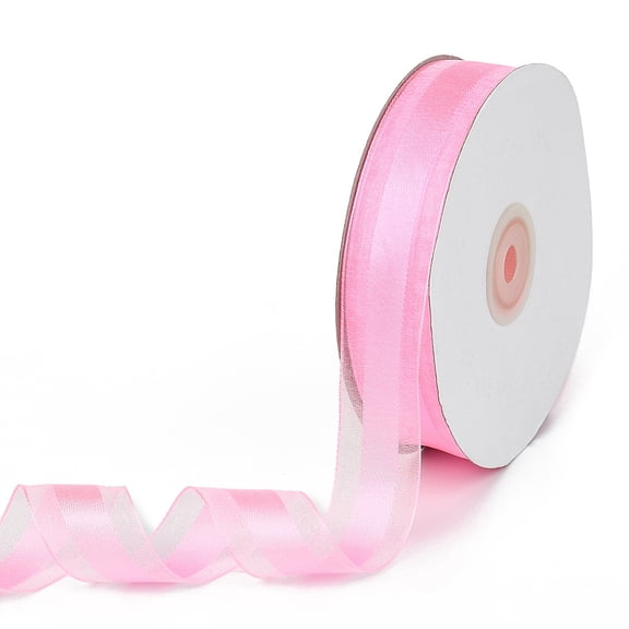 50 Yards 1 Inch Pink Sheer Organza Ribbon Transparent Mesh Chiffon Striped Voile Satin Edge Fabric Yarn Ribbons Bulk