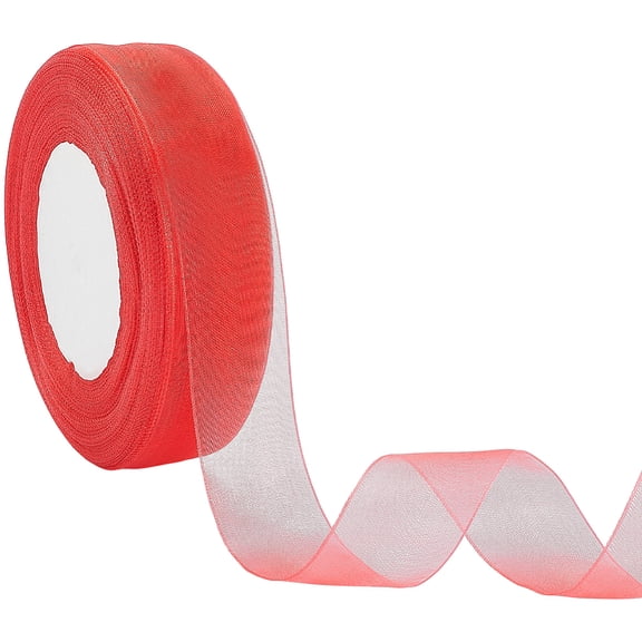 50 Yards 1 Inch Red Sheer Organza Ribbon Thin Shimmer Silk Chiffon Mesh Tulle Yarn Transparent Fabric Ribbons Bulk Roll