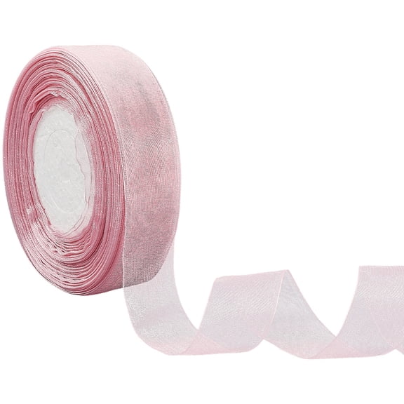 50 Yards 1 Inch Thin Pink Sheer Organza Ribbon Transparent Chiffon Shimmer Silk Mesh Tulle Yarn Fabric Ribbons Bulk