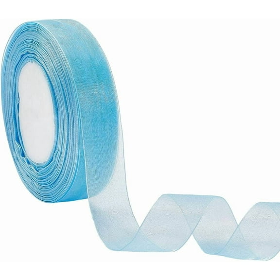 50 Yards 1 Inch Thin Sky Blue Sheer Organza Clear Ribbon Transparent Shimmer Silk Chiffon Mesh Tulle Yarn Fabric Ribbons for DIY Sewing Making Crafts Wreaths Gift Wrapping Invitation Wedding Diy