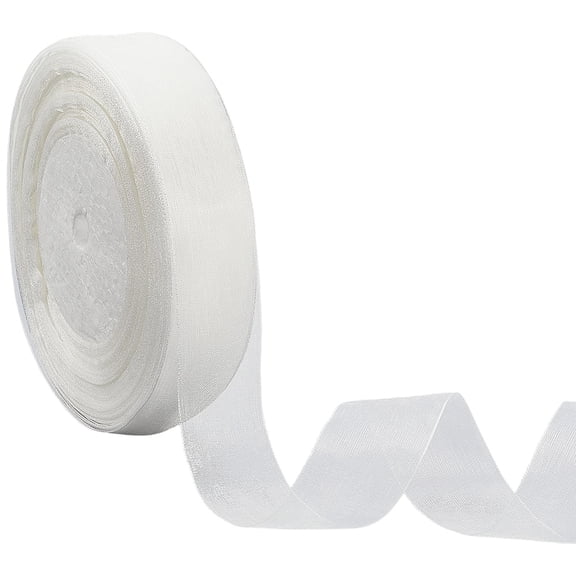 50 Yards 1 Inch Thin White Silk Sheer Organza Ribbon Transparent Clear Mesh Tulle Shimmer Chiffon Yarn Fabric Ribbons Bulk Roll