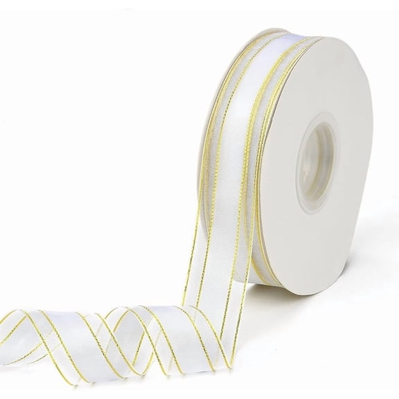 50 Yards 1 Inch White Organza Ribbon Gold Edge Ribbon Snow Sheer Transparent Soft Smooth Mesh Voile Fabric Ribbons Rolls with Spool DIY for Gift Wrapping Christmas Hair Braiding Wedding DIY