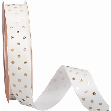 50 Yards 1 Inch White Polka Dot Printed Ribbon Gold Dots Print Polyester Satin Ribbons Bulk Roll with Spool