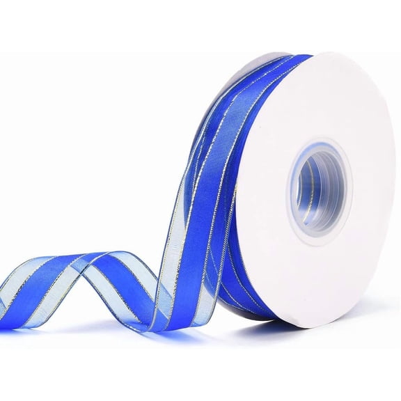 50 Yards 1 Inch Wide Blue Sheer Organza Ribbon Transparent Mesh Chiffon Striped Voile Fabric Yarn Ribbons with Gold Edge Trim Bulk