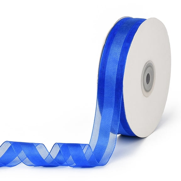 50 Yards 1 Inch Wide Blue Sheer Organza Ribbon Transparent Mesh Chiffon Striped Voile Satin Edge Fabric Yarn Ribbons Bulk