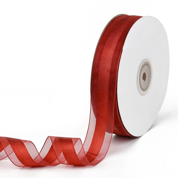 50 Yards 1 Inch Wide Dark Red Sheer Organza Ribbon Transparent Mesh Striped Chiffon Voile Satin Edge Fabric Yarn Ribbons Bulk