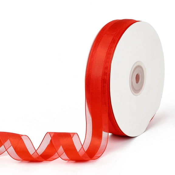 50 Yards 1 Inch Wide Red Sheer Organza Ribbon Transparent Mesh Voile Chiffon Striped Satin Edge Fabric Yarn Ribbons Bulk