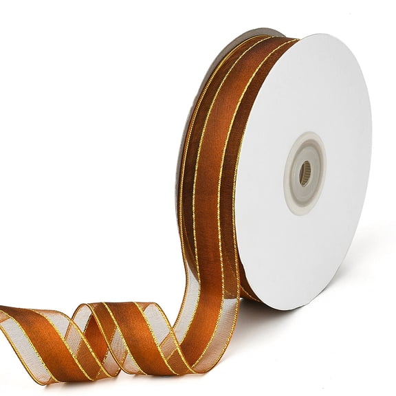 50 Yards 1 Inch Wide Sheer Organza Ribbon Brown Transparent Mesh Chiffon Striped Voile Fabric Yarn Fabric Ribbons with Gold Edge Trim Bulk