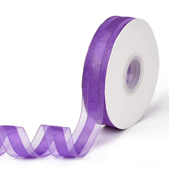 50 Yards 1 Inch Wide Sheer Organza Ribbon Purple Satin Edge Transparent Mesh Voile Chiffon Striped Fabric Yarn Ribbons Bulk with Spool