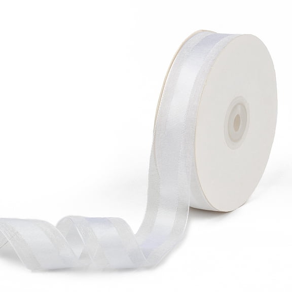 50 Yards 1 Inch Wide White Sheer Organza Ribbon Transparent Mesh Striped Chiffon Voile Satin Edge Fabric Yarn Ribbons Bulk