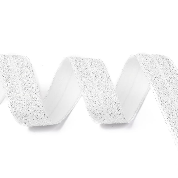 50 Yards 15mm White Silver Stretch Elastic Ribbon Fold Over Stretch Foldover Soft Glitter FOE Elastics Ribbon Wired for Sewing Making Gift