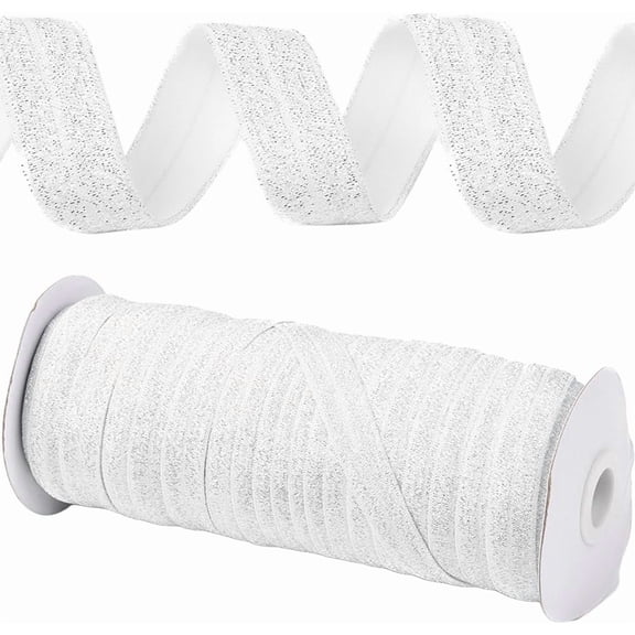 50 Yards 15mm White Silver Stretch Elastic Ribbon Fold Over Stretch Foldover Soft Glitter FOE Elastics Ribbon Wired for Sewing Making Gift Wrapping DIY Christmas Tree Decor Craft Supplies