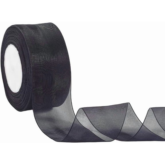 50 Yards 2 Inch Wide Black Sheer Organza Chiffon Ribbon Transparent Silk Smooth Mesh Tulle Yarn Fabric Ribbons Roll for DIY handcrafting