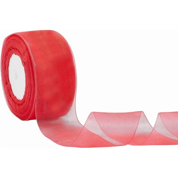 50 Yards 2 Inch Wide Red Sheer Organza Transparent Ribbon Tulle Yarn Chiffon Mesh Silk Christmas Fabric Ribbons