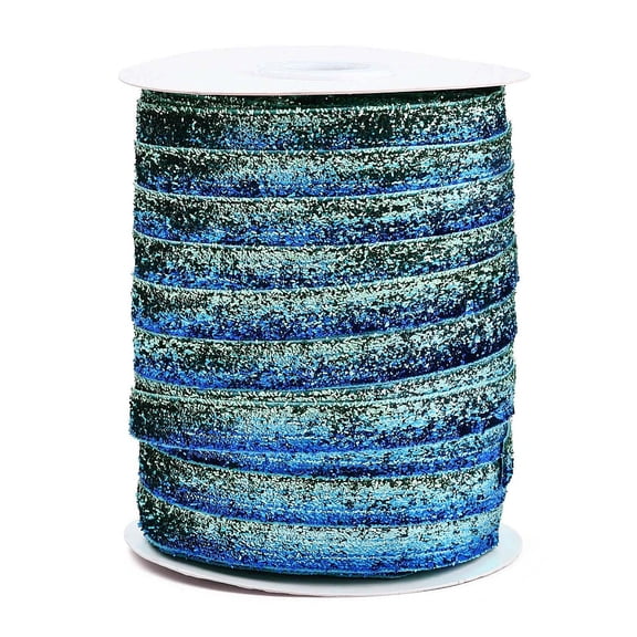 50 Yards 3/8 Inch Blue Sequin Trim Metallic Glitter Velvet Ribbon Single Face Gradient Thin Fabric Ribbons Bundle Rolls with Spool