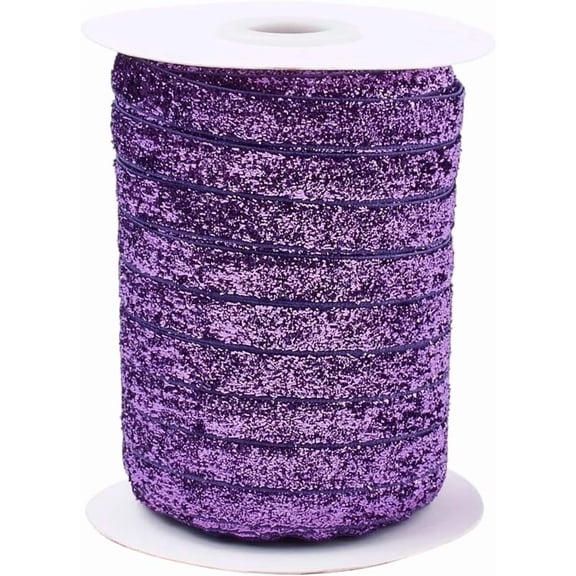 50 Yards 3/8 Inch Purple Metallic Glitter Velvet Ribbon Single Face Sparkle Sequin Paillette for Wedding Decoration Gift Wrapping DIY Craft Supply Medium Purple