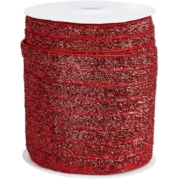 50 Yards 3/8 Inch Red Christmas Glitter Ribbon Velvet Sequin Bling Paillette Metallic Shiny Lace Trim Sparkle Edge Ribbons Bulk