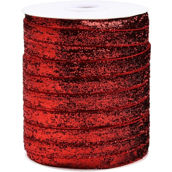50 Yards 3/8 Inch Red Glitter Vintage Velvet Ribbon Metallic Sequin Paillette Strip Single Side Sparkly Christmas Fabric Ribbons