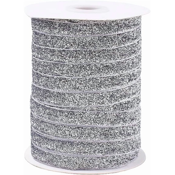 50 Yards 3/8 Inch Silver Metallic Glitter Velvet Ribbon Sparkle Sequin Paillette Trim Single Side with Spool Fabric Ribbons for Sewing Making Choker Decor Gift Wrapping DIY Craft Supply