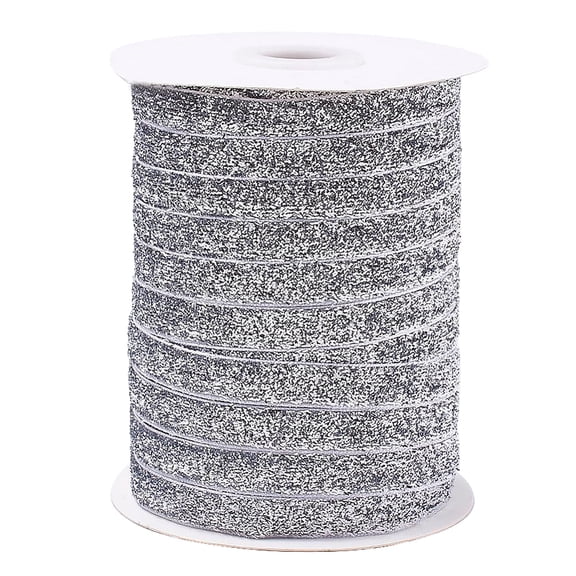 50 Yards 3/8 Inch Silver Metallic Glitter Velvet Ribbon Sparkle Sequin Paillette Trim Single Side with Spool Fabric Ribbons diy