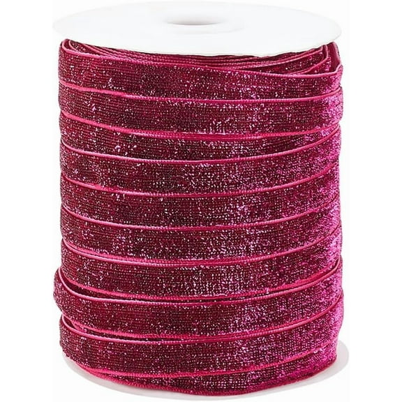 50 Yards(45.72m) Single Face Sparkle Ribbon 3/8inch Wide Deep Pink Metallic Glitter Ribbon Velvet Trim Polyester Nylon Ribbon Roll for Christmas Tree Wreaths Decor Gift Wrapping Pink