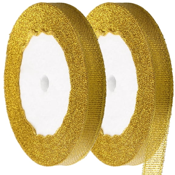 50 Yards Glitter Metallic Gold Ribbon Roll 3/8 inch Sparkly Thin Solid Fabric Decorative Gift Wrapping Tulle Satin DIY