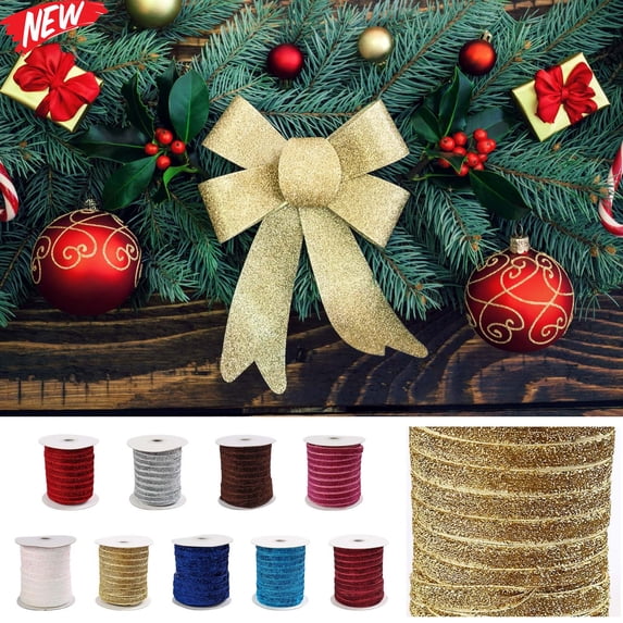 50 Yards Glitter Wine Wired Christmas Ribbon, 0.39 Inch Wide Sparkly Craft Ribbon for DIY Bows Wreath Gift Wrapping Xmas Tree Wedding Party Clothing Accessory Decorations
