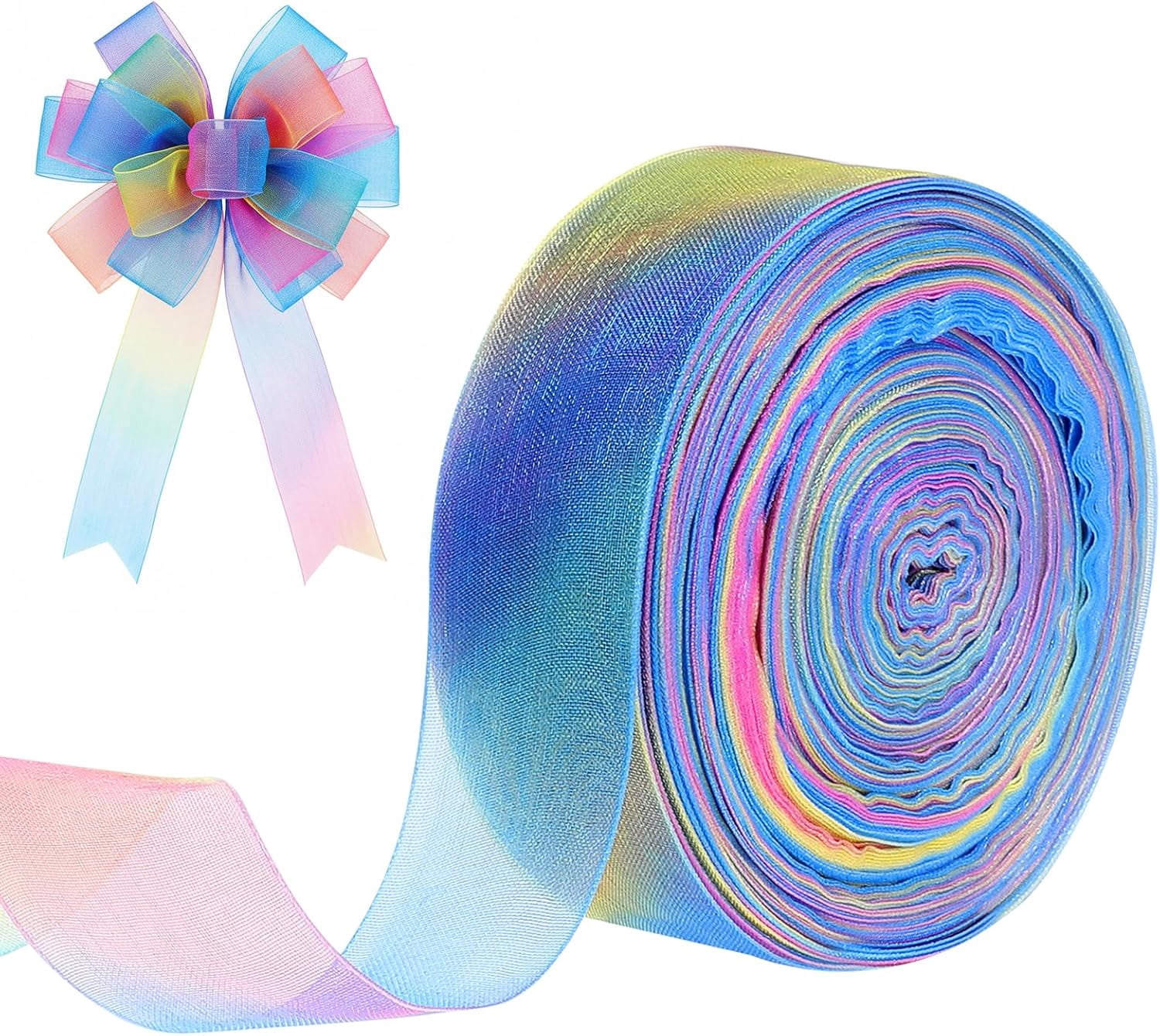 50 Yards Rainbow Organza Satin Ribbon, 1Inch Sheer, Colorful Chiffon ...