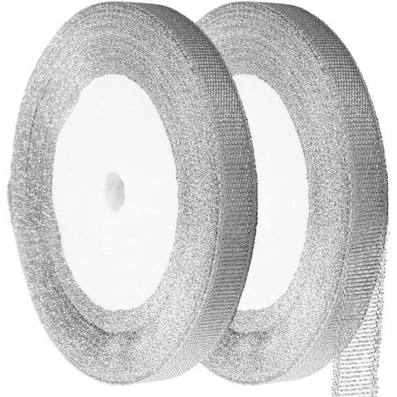 50 Yards Silver Glitter Ribbon 3/8 inch Metallic Sparkly Fabric Decorative Gift Wrapping Ribbon