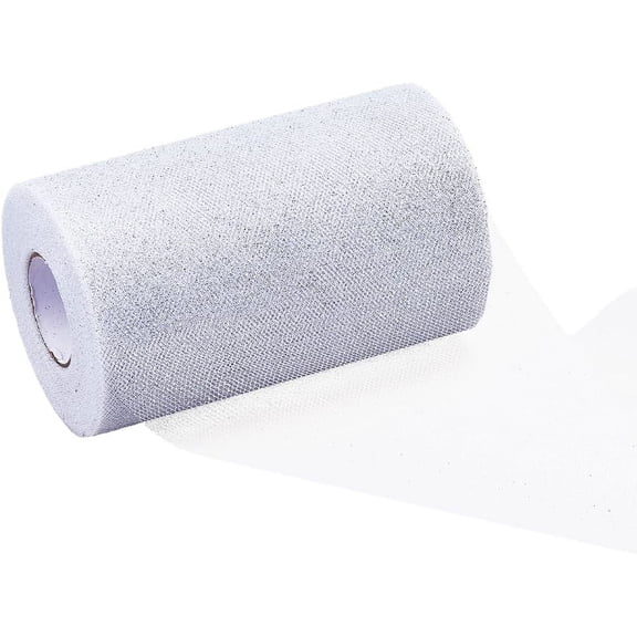 50 Yards Silver Mesh Ribbon Shimmering Mesh Fabric Ribbon Polyester Glitter Ribbon Wired 6" Wide Mesh Fabric Rolls for Tutu Skirt DIY Crafting Decoration Silver