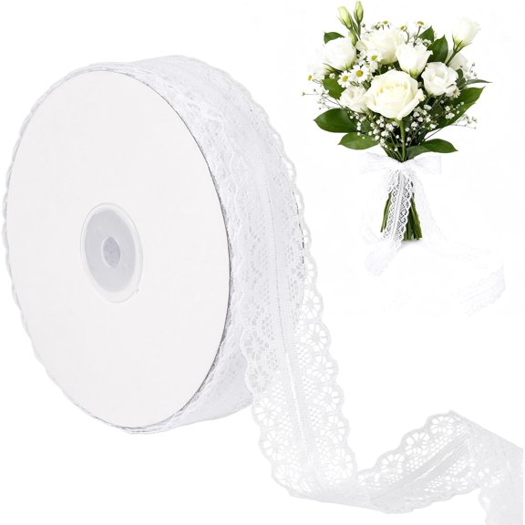 Allio 50 Yards White Lace Trim Ribbon Roll, Vintage Crochet Lace for Gift Wrapping, Sewing & Craft Projects, Bridal Wedding Decor, Dress Embellishment, Floral DIY & Party Decorations