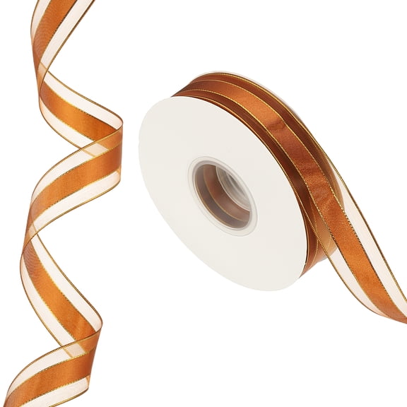 50 Yards x 1" Striped Ribbon, Gold and Brown Candy Ribbon Roll Metallic Gift Wrapping Ribbon for Christmas Craft Wreath Birthday Wedding Festival Decoration