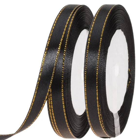 50 Yds 3/8 Black Satin Ribbon, Gold Edges, Border, Gift Wrapping, Crafts