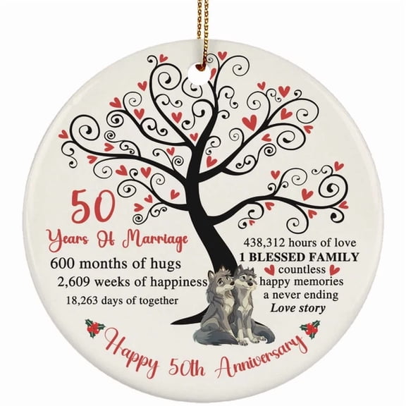50 Years Love Ornament Happy 50Th Anniversary Cute Wolf Couple Christmas Gifts 2D FLAT CIRCLE Ceramic Ornament