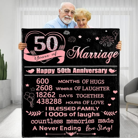 50 Years of Marriage Anniversary Blankets Gifts for Women, Happy 50th Anniversary Wedding Valentines Gift for Her Wife, Rose Gold Throw Blankets Gifts for Mom
