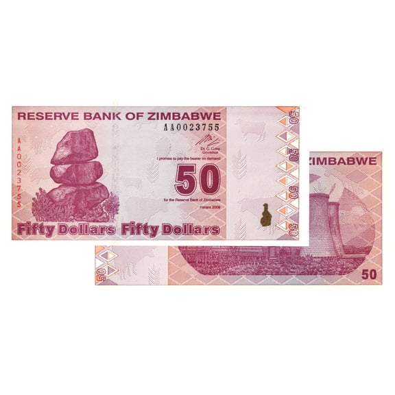 $50 Zimbabwe Banknotes 2009 AA Series Uncirculated - Collectible Low Denomination Currency Notes