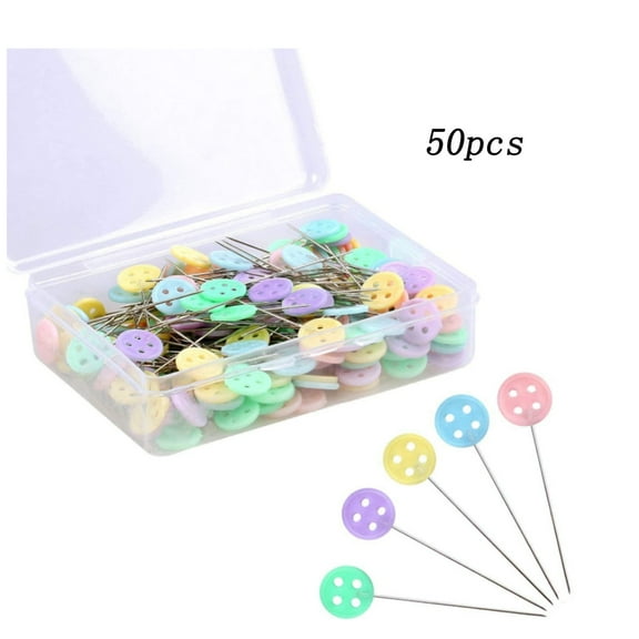 50 alfileres planos de costura para botones de tela, cabezas de colores y alfileres para acolchado.
