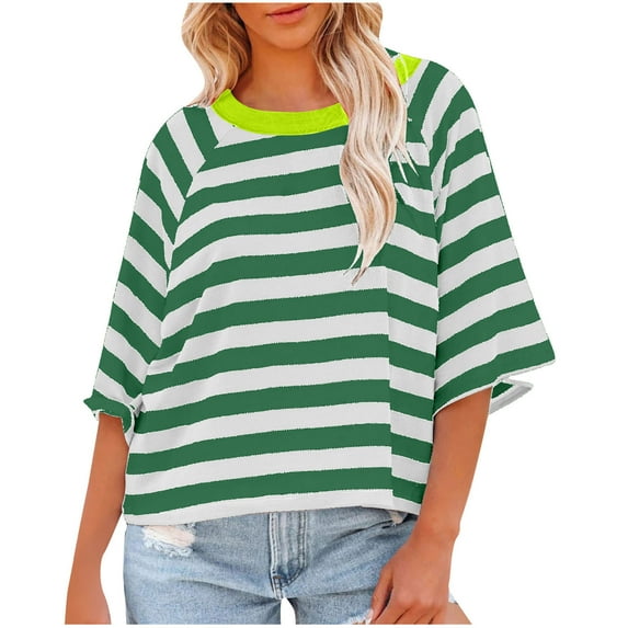GaThRRgYP Spring Tops for Women,Womens Tops Short Sleeve Summer,Women's 3/4 Sleeved Top Striped Knitted T-shirt Loose Fitting T-Shirt Mint Green XL